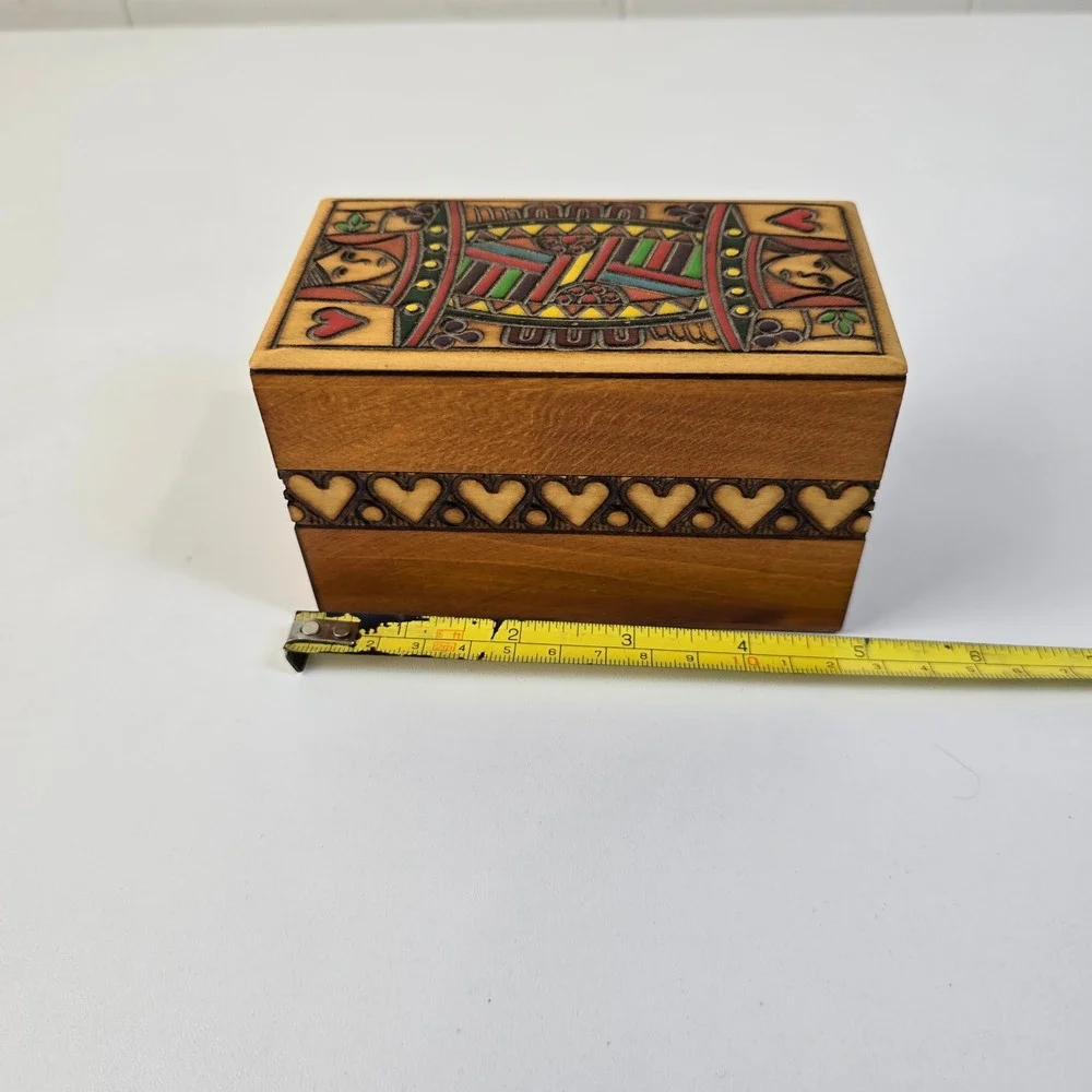 Polish Hand Painted Wood Playing Card Box Queen‎ of Hearts Folk Art Vintage